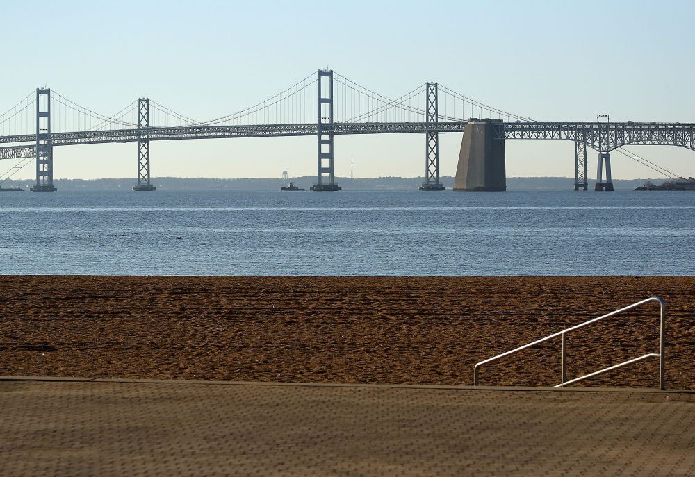 The Chesapeake Bay Bridge can be seen from the beach at Sandy Point State Park, on March 17, 2017 in Skidmore, Md. Under President Trump's 2018 budget proposal, federal funding for the Chesapeake Bay Program that focuses on reducing pollution in the bay would be eliminated. (Mark Wilson/Getty Images)