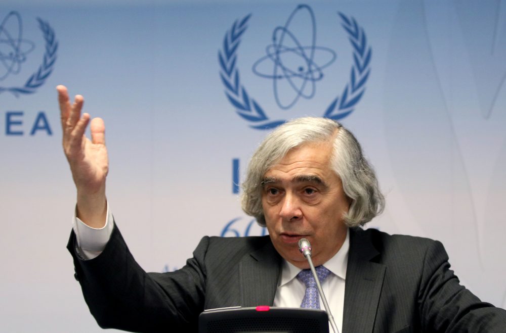 Then-U.S. Secretary of Energy Ernest Moniz addresses the media during the general conference of the International Atomic Energy Agency, IAEA, at the International Center in Vienna, Austria in September 2016. (Ronald Zak/AP)