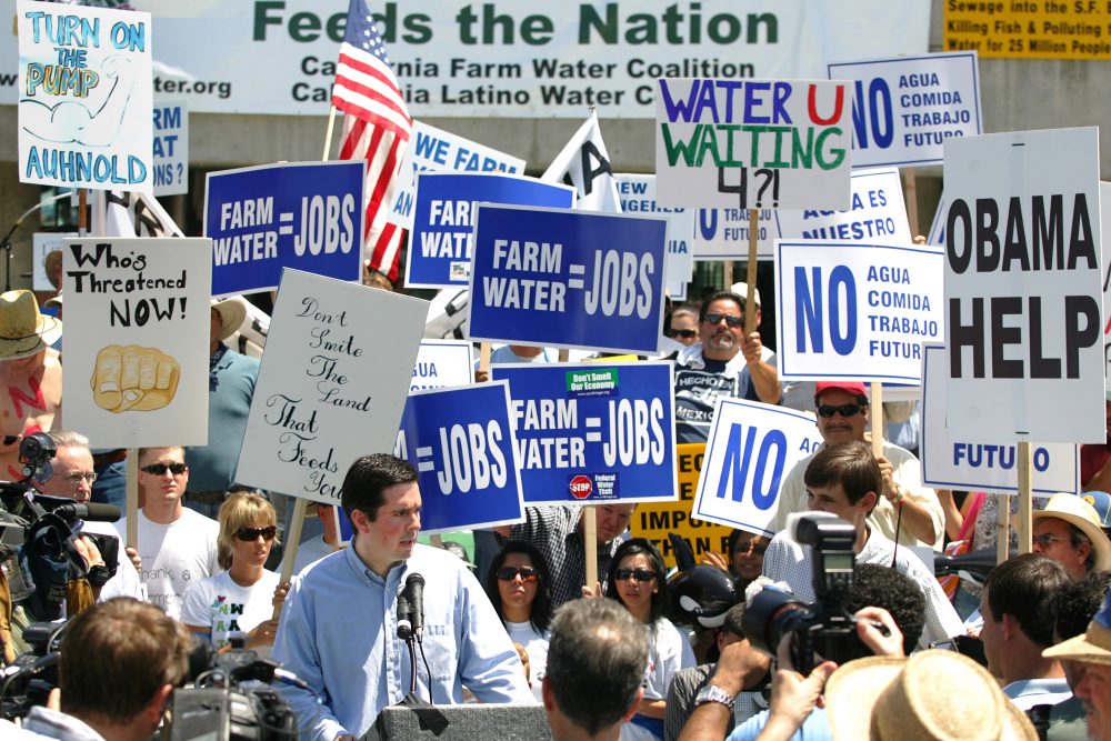 Rep. Devin Nunes speaks to thousands of farmers, farm workers and their supporters who were at city hall to protest water shortages in July 2009 in Fresno, Calif. (Gary Kazanjian/AP)