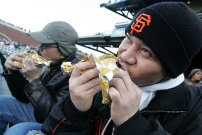 This Giants fan should be eating garlic fries, at least according to two Only A Game contributors. (Justin Sullivan/Getty Images)