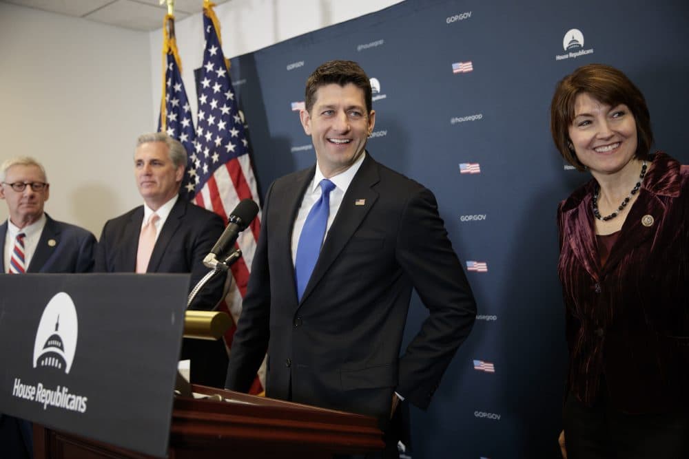 House Speaker Paul Ryan and other House Republican leaders speak with reporters on Capitol Hill on Feb. 28. (J. Scott Applewhite/AP)