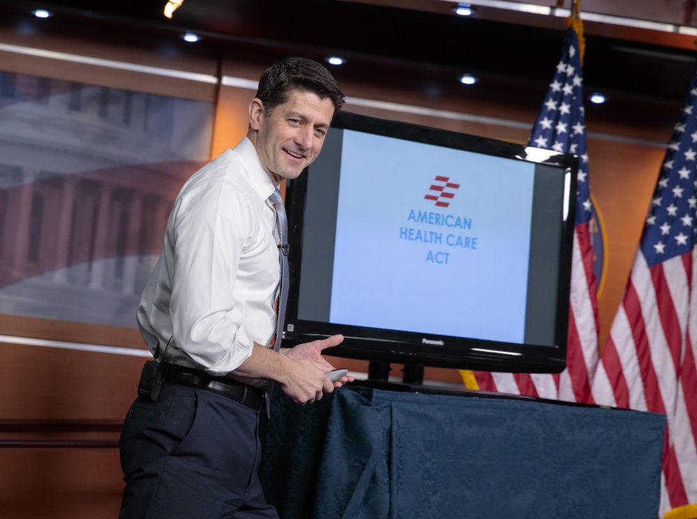 House Speaker Paul Ryan uses charts and graphs to make his case for the GOP's plan to repeal and replace the Affordable Care Act on March 9. (J. Scott Applewhite/AP)