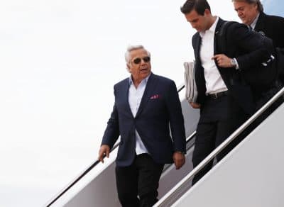 Pictured: New England Patriots owner Robert Kraft, left, disembarks Air Force One at Andrews Air Force Base, Md., Sunday, March 19, 2017. Chief White House Strategist Steve Bannon is at right. Kraft flew on Air Force One with President Donald Trump, who is returning from a trip to his Mar-a-Lago estate in Palm Beach, Fla. (Manuel Balce Ceneta/AP)