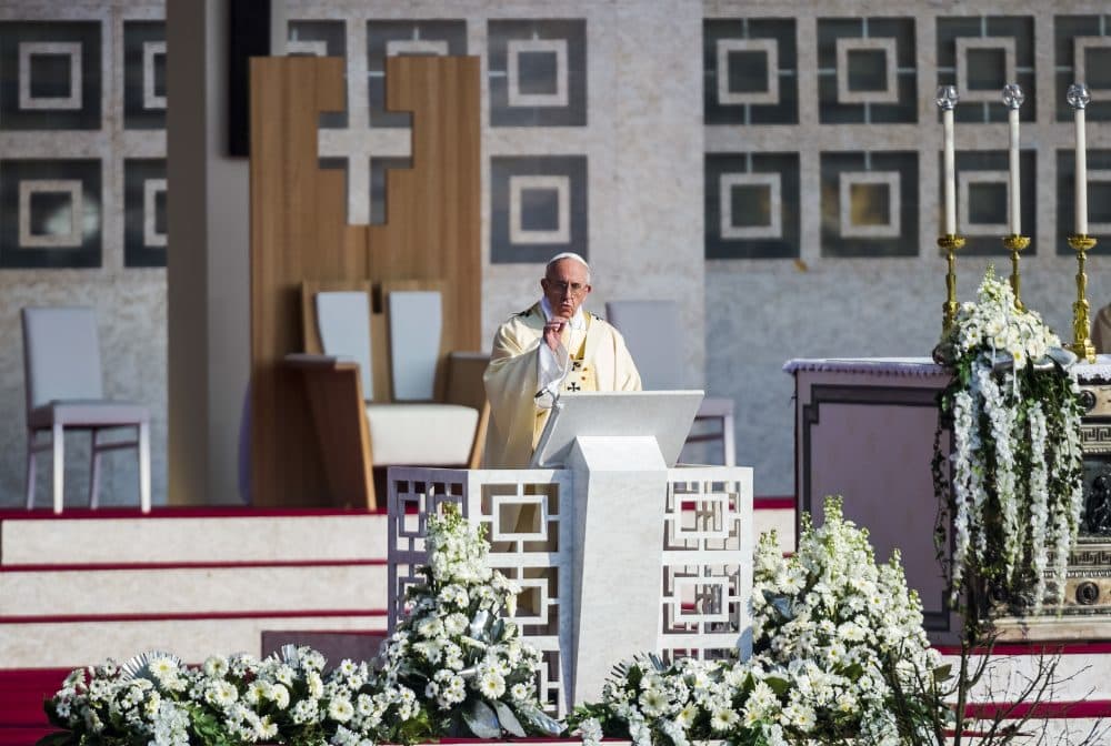 Pope Francis delivers a homily in Monza, Italy, on March 25. (AP)