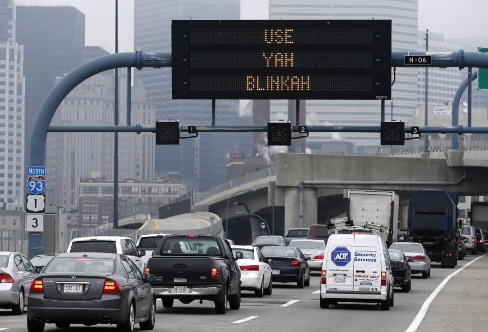 In this 2014 photo, an electronic highway sign on Interstate 93 shows the term &quot;Use Yah Blinkah&quot; in Boston. (Michael Dwyer/AP)