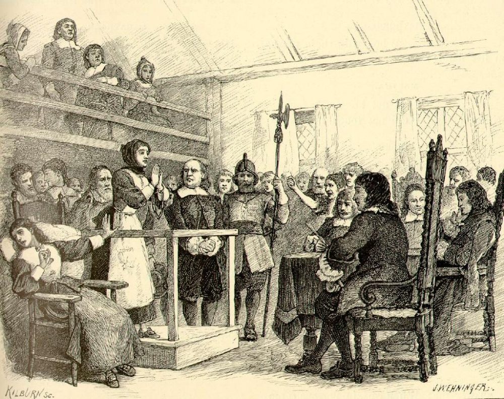 Illustration of the trial of Martha Corey, a wife of a Salem Village farmer who was convicted of witchcraft during the Salem Witch Trials of 1692. (Illustration by John W. Ehninger in The Complete Poetical Works of Henry Wadsworth Longfellow, Houghton/Public Domain)