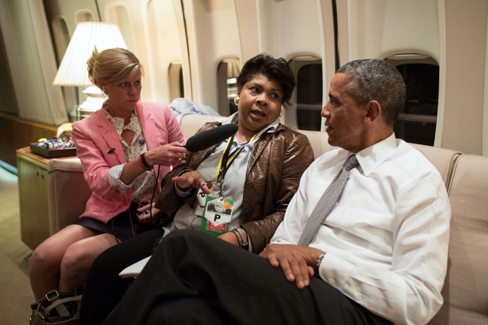 President Barack Obama interviewed by April Ryan aboard Air Force One en route to Air Force Base Waterkloof in South Africa, June 28, 2013. (Pete Souza/White House)
