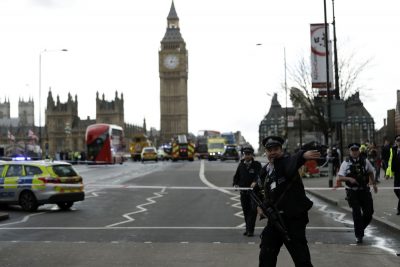 Police secure the area on the south side of Westminster Bridge close to the Houses of Parliament in London. (Matt Dunham/AP)