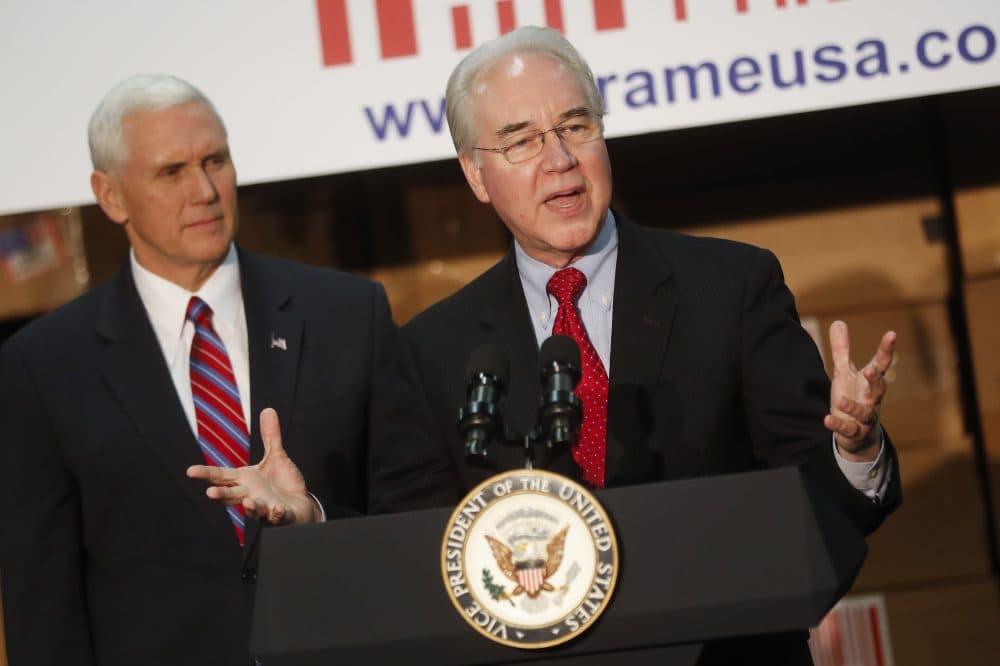 Health and Human Services Secretary Tom Price and Vice President Mike Pence speak at the Frame USA facility, on March 2 in Springdale, Ohio. (John Minchillo/AP)