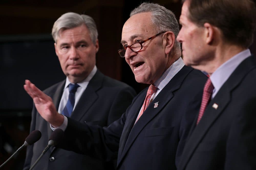 From left to right, Sen. Sheldon Whitehouse (D-R.I.), Senate Minority Leader Charles Schumer (D-N.Y.) and Sen. Richard Blumenthal (D-Conn.) hold a news conference to call on Republicans to reveal the &quot;dark money&quot; donars supporting the confirmation of Judge Neil Gorsuch to the Supreme Court at the U.S. Capitol March 29, 2017 in Washington. The Democratic senators said that Gorsuch was not from the &quot;mainstream&quot; and that the Senate should require 60 votes to confirm him. (Chip Somodevilla/Getty Images)