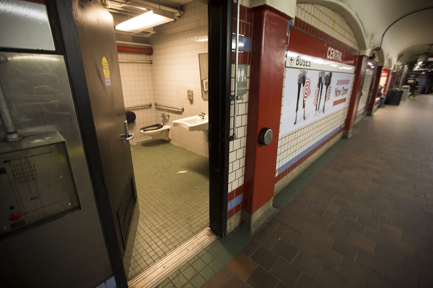 A public restroom on the platform of the Central Square MBTA station which drug users have used in the past. (Jesse Costa/WBUR)