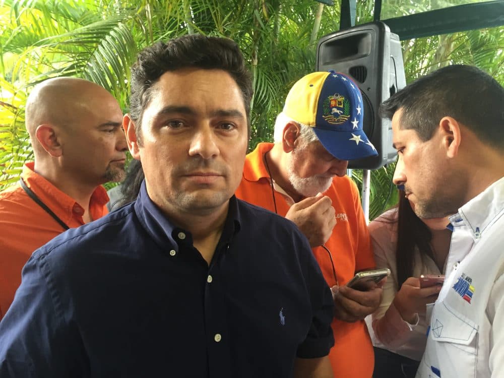 Exiled Venezuelan opposition leader Carlos Vecchio, national political coordinator of the Venezuelan opposition party Voluntad Popular, meets with his supporters in Miami on March 31, 2017. (Yuri Gripas/AFP/Getty Images)