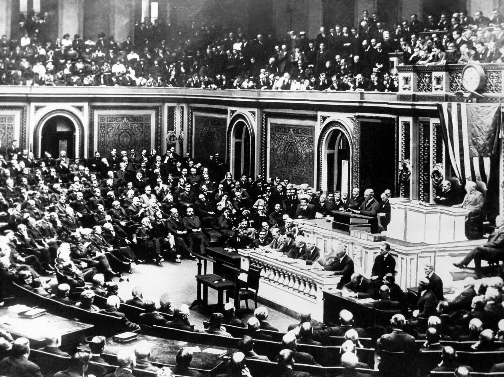 In this April 2, 1917 file photo, President Woodrow Wilson delivers a speech to the joint session of Congress, in Washington, United States, during World War I. (AP)