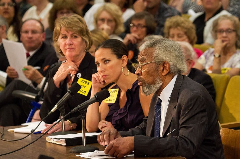 State Sen. Sonia Chang-Diaz, center, is pictured in this 2015 file photo. (Jesse Costa/WBUR)
