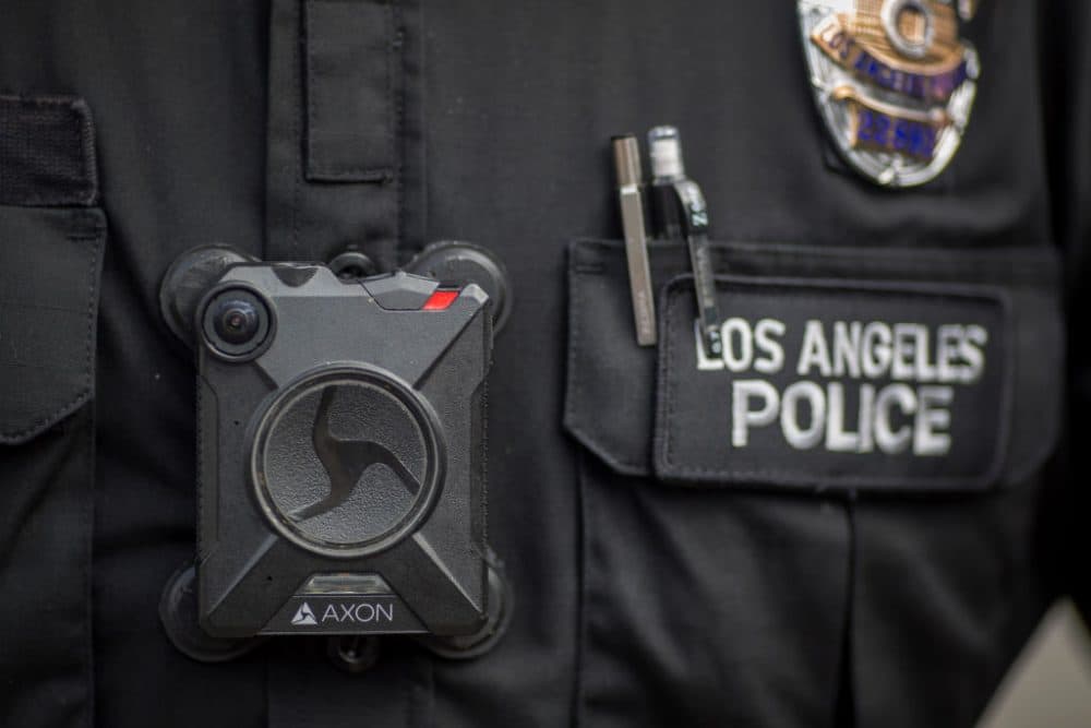 A Los Angeles police officer wear an Axon body camera during the Immigrants Make America Great March to protest actions being taken by the Trump administration on February 18, 2017 in Los Angeles, Calif. (David McNew/Getty Images)