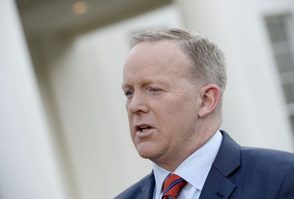 White House press secretary Sean Spicer apologizes for comments he made suggesting that President Bashar al-Assad of Syria was worse than Hitler, during a TV interview at the White House April 11, 2017. Spicer also said incorrectly that Hitler had not used chemical weapons durng World War II. (Olivier Douliery-Pool/Getty Images)