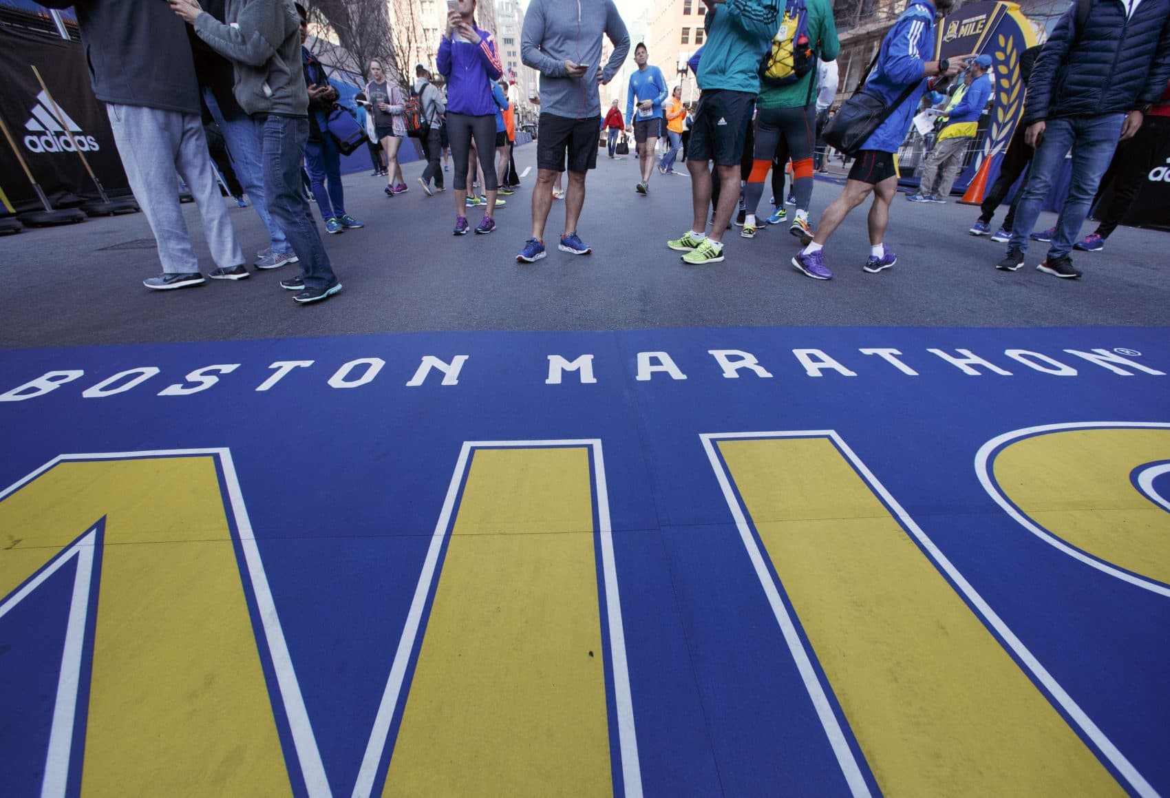 People gather at the Boston Marathon finish line on Saturday. (Michael Dwyer/AP)