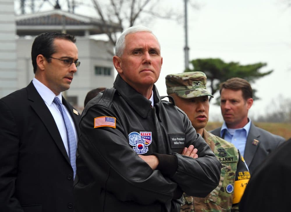Vice President Mike Pence (center) visits the truce village of Panmunjom in the Demilitarized Zone (DMZ) on the border between North and South Korea on April 17, 2017. (Jung Yeon-Je/AFP/Getty Images)