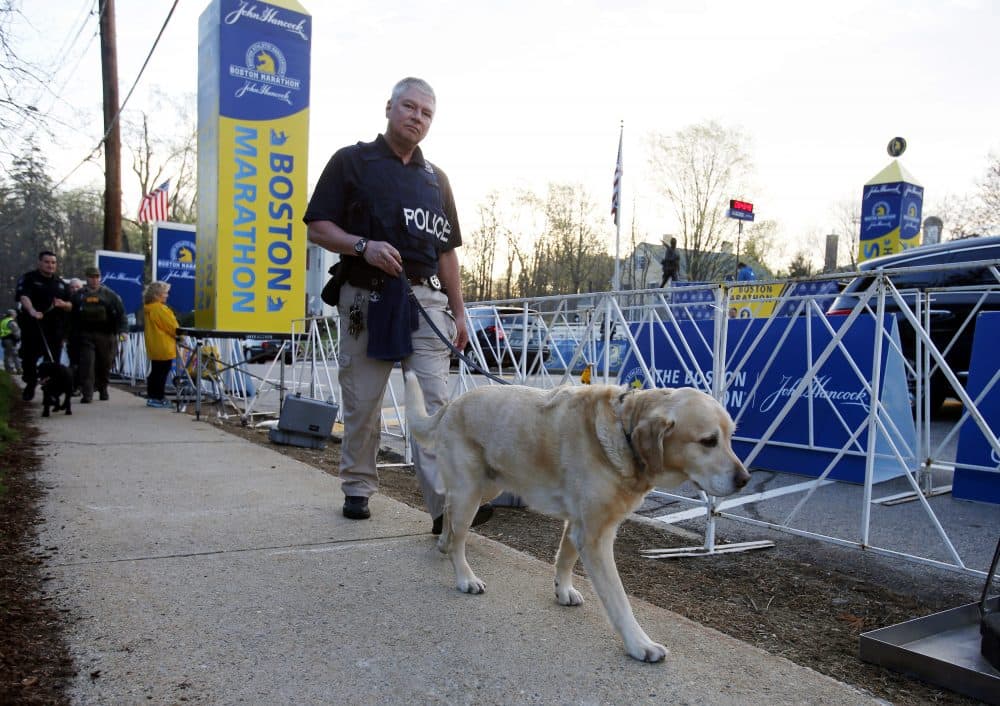 A police officer and a working dog perform a security sweep at the starting line of the Boston Marathon in Hopkinton, Mass. (Mary Schwalm/AP)