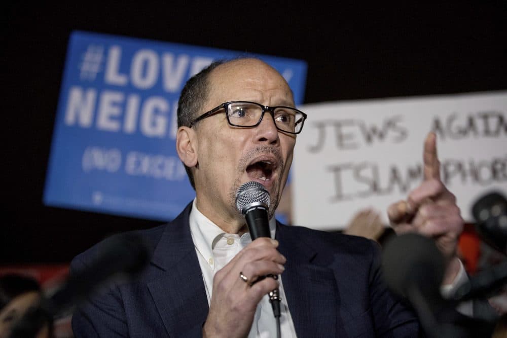 Democratic National Committee (DNC) Chairman Tom Perez speaks at a protest against President Trump's new travel ban order in Lafayette Square outside the White House in Washington in March. (Andrew Harnik/AP)