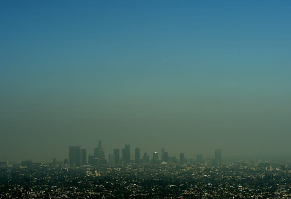 A view of the Los Angeles city skyline as heavy smog shrouds the city in California on May 31, 2015. (Mark Ralston/AFP/Getty Images)