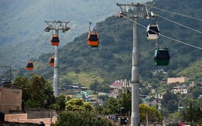 A view of cable cars in Ecatepec, Mexico, on Aug. 25, 2016. Dozens of murals were painted on buildings in a neighborhood in Ecatepec, on the route of a new cable car that started running in 2016. (Ronaldo Schemidt/AFP/Getty Images)