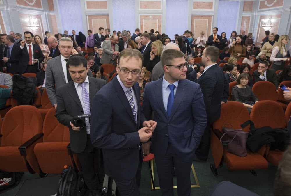Members of Jehovah's Witnesses wait in a court room in Moscow, Russia, on Thursday, April 20, 2017. Russia's Supreme Court has banned the Jehovah's Witnesses from operating in the country, accepting a request from the justice ministry that the religious organisation be considered an extremist group, ordering closure of the group's Russia headquarters and its 395 local chapters, as well as the seizure of its property. (Ivan Sekretarev/AP)