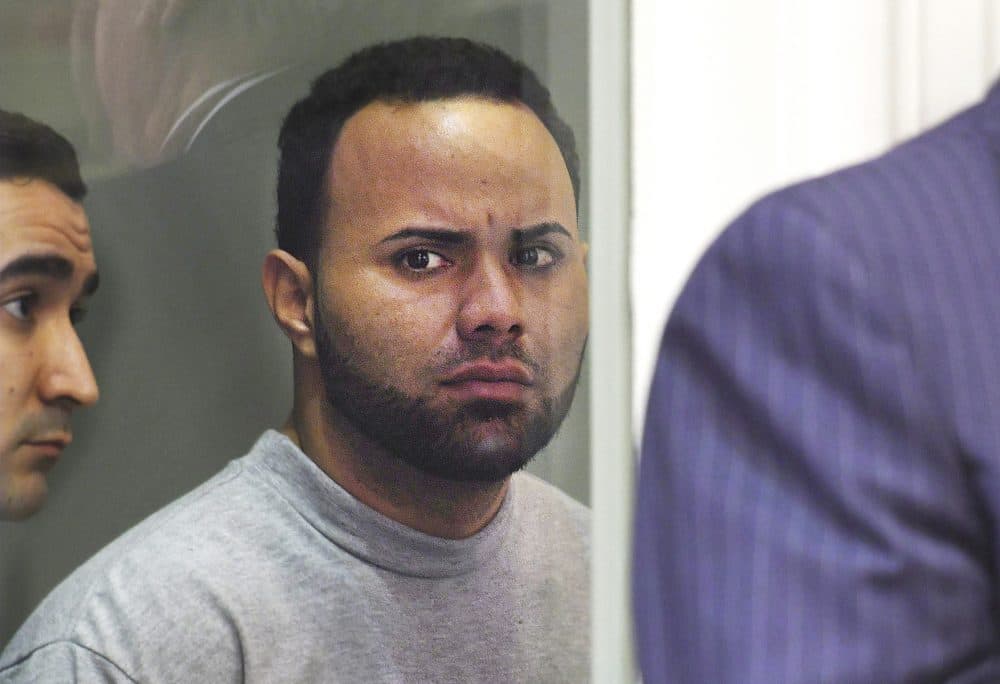 Angelo Colon-Ortiz is arraigned Tuesday in connection with the death of Vanessa Marcotte, in Leominster District Court. (Christine Peterson/Worcester Telegram via AP, Pool)