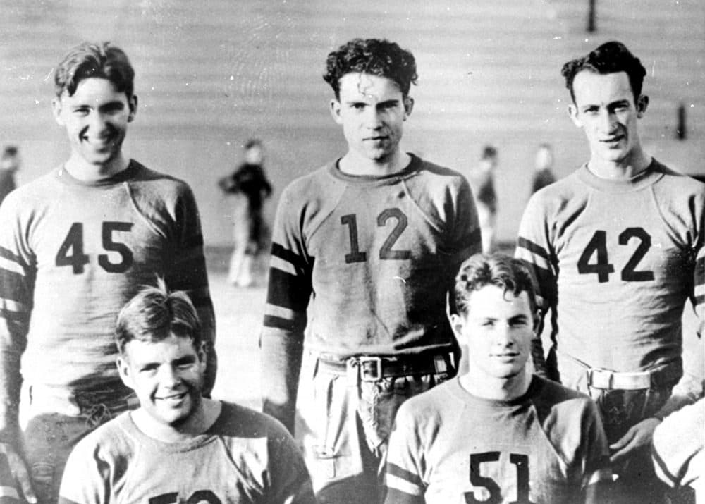 Richard Nixon is shown in an undated photo at Whittier College, center, standing, as a member of the second string football team. He was not a letter winner. He was known as &quot;the most spirited bench warmer on the team.&quot; (AP)