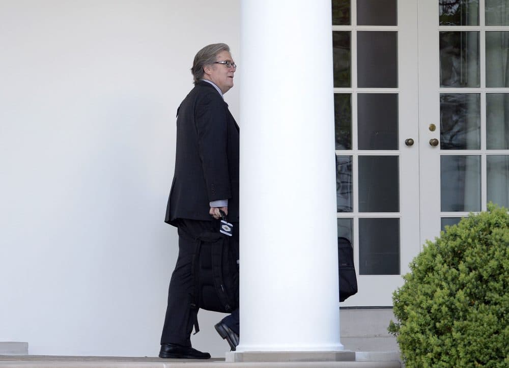 President Trump's chief strategist Steve Bannon walks outside the White House on April 9. (Olivier Douliery-Pool/Getty Images)