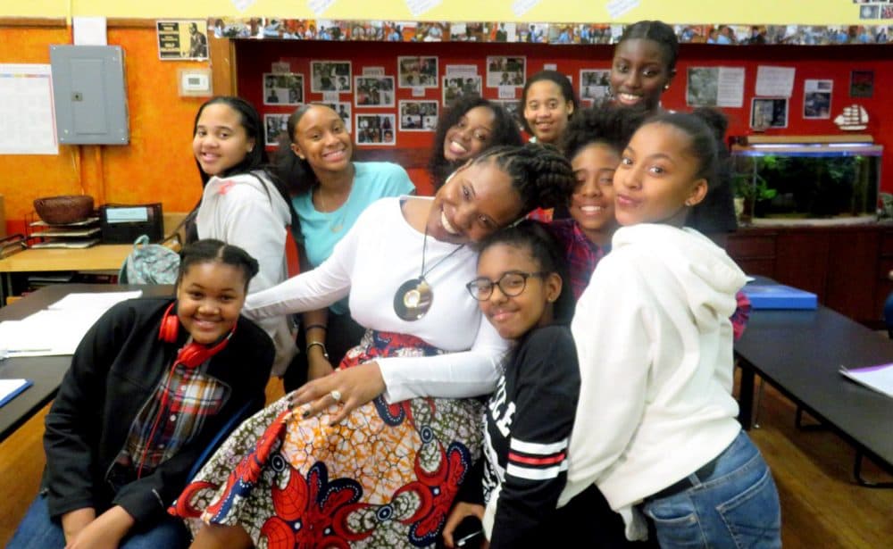 Lovely Hoffman with her students at Helen Y. Davis Leadership Academy. (Courtesy of Brandon German)