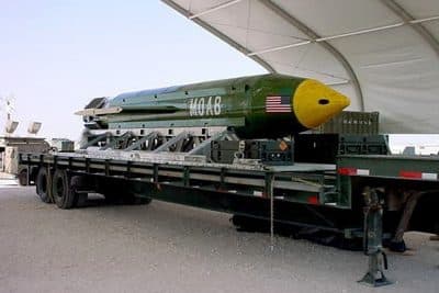 This undated photo provided by Eglin Air Force Base shows a GBU-43B, or massive ordnance air blast weapon, the U.S. military's largest non-nuclear bomb, which contains 11 tons of explosives. The Pentagon said U.S. forces in Afghanistan dropped a GBU-43B on an Islamic State target in Afghanistan. (Eglin Air Force Base/AP)