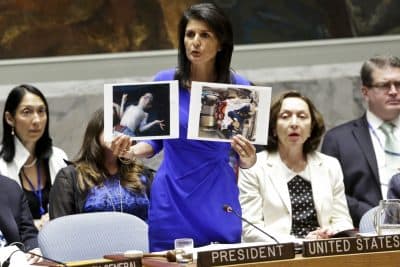 Nikki Haley, United States' Ambassador United Nations, shows pictures of Syrian victims of chemical attacks as she addresses a meeting of the Security Council on Syria at U.N. headquarters. (Bebeto Matthews/AP)