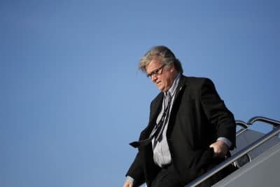 White House chief strategist Steve Bannon steps off Air Force One as he arrives Sunday, April 9, 2017, at Andrews Air Force Base, Md. (Alex Brandon/AP)