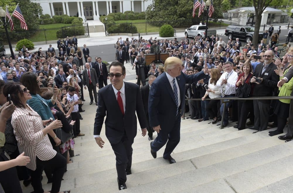 So-called shadow banks have almost tripled their percentage share of home loans since 2007, writes Rich Barlow. Why is this worrisome? It was a shadow bank that was the first domino to fall in the 2008 financial crisis. Pictured: President Trump and Treasury Secretary Steven Mnuchin arrive at the Treasury Department, Friday, April 21, 2017. There, the president signed an executive order to review tax regulations, as well as two memos to review the Dodd-Frank Act. (Susan Walsh/AP)