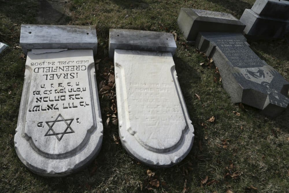 Damaged headstones are seen at Mount Carmel cemetery on Feb. 27, 2017, in Philadelphia. (Jacqueline Larma/AP)