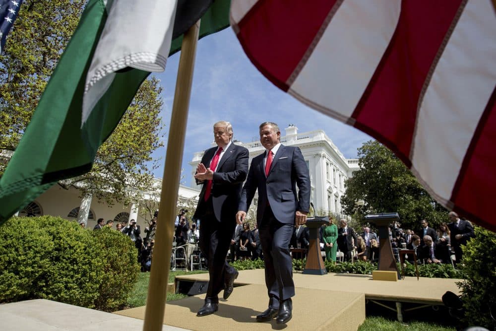 President Donald Trump and Jordan's King Abdullah II leave their news conference in the Rose Garden of the White House in Washington. (Andrew Harnik/AP)