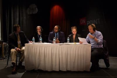 Van Mobley, Martha Barry, James Causey and Toni Rivera-Joachin talk with host Tom Ashbrook at the #OnPointListens event in Milwaukee, WI.  (Tom Krueger/WPR)
