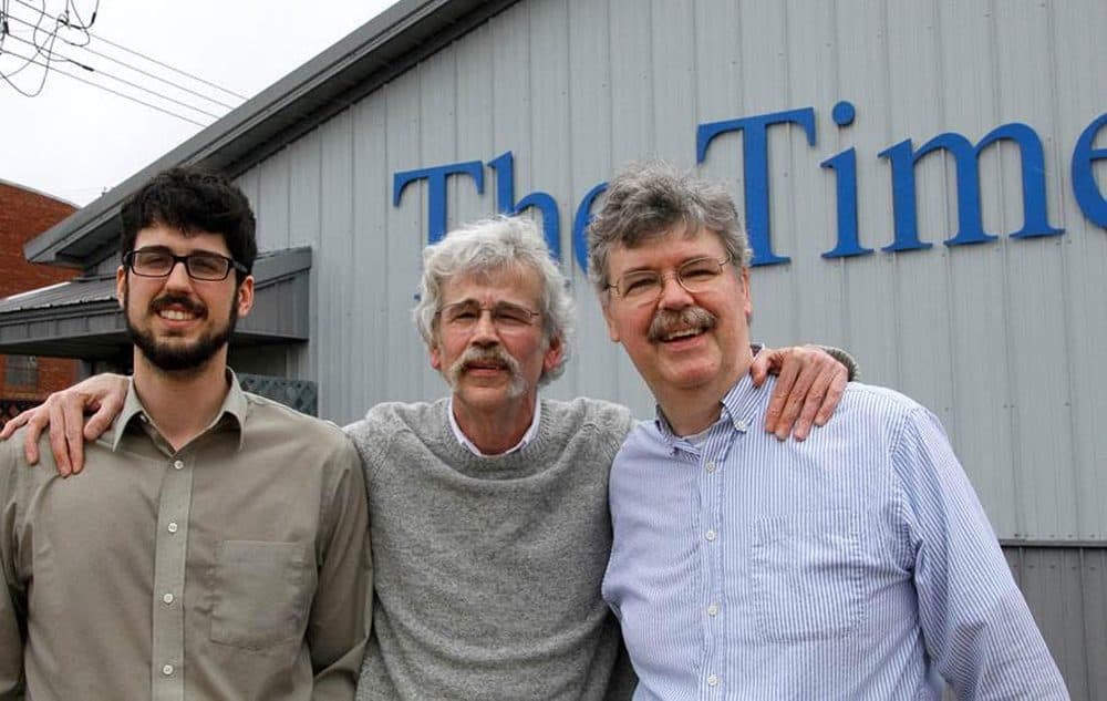 Storm Lake Times editor Art Cullen (center), his son Tom Cullen (left) and Art’s brother John Cullen (right). Tom’s reporting inspired the Pulitzer Prize-winning editorials. John is the publisher of the paper, and Art and John are co-owners. (Dolores Cullen)
