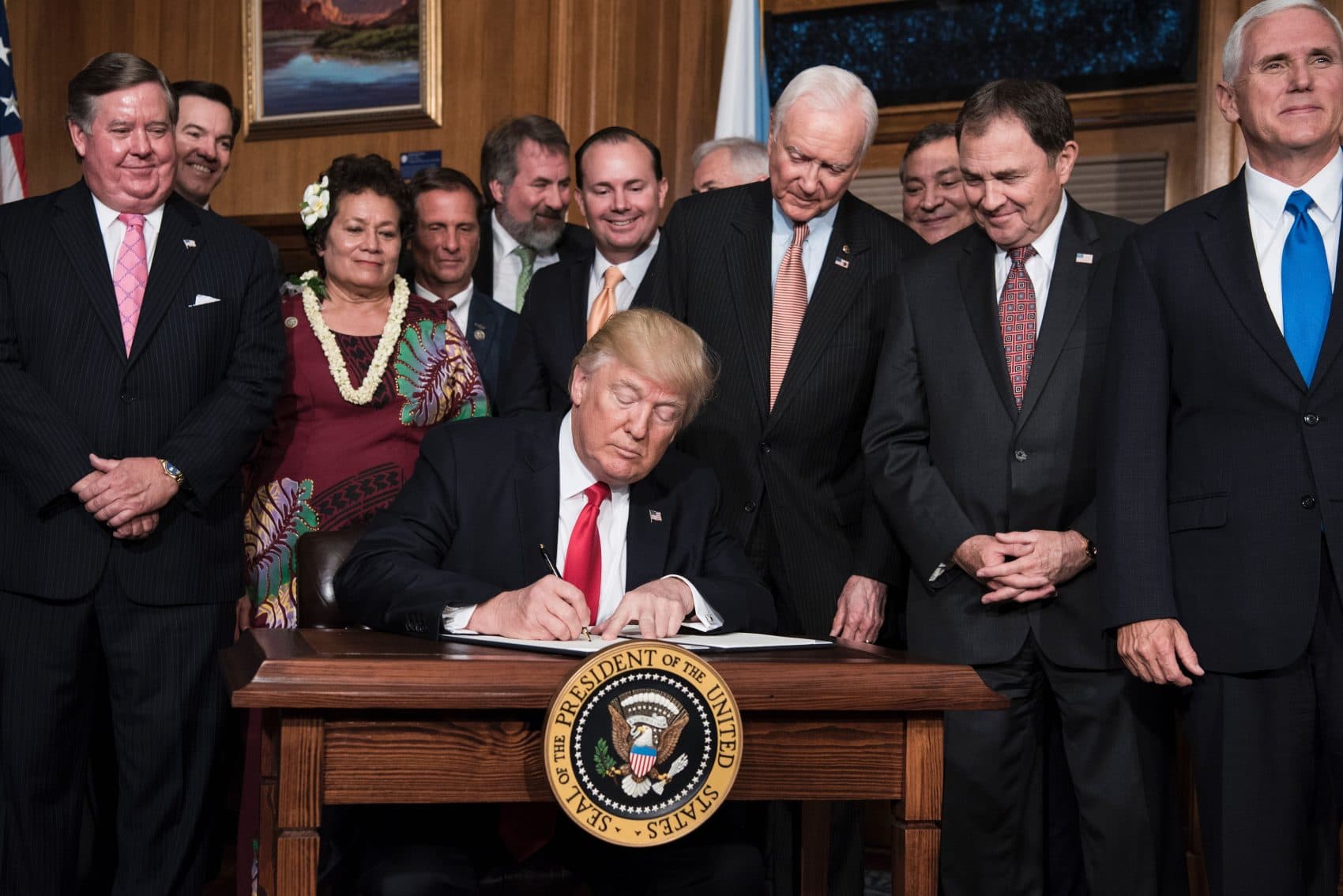 President Trump signs an executive order to review the Antiquities Act at the U.S. Department of the Interior on April 26, 2017 in Washington, D.C. (Brendan Smialowski/AFP/Getty Images)