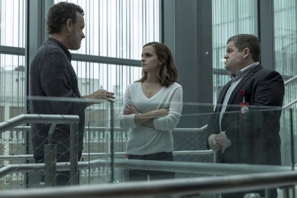 Tom Hanks, Emma Watson and Patton Oswalt in a scene from &quot;The Circle.&quot; (Francois Duhamel/ STX Financing via AP)