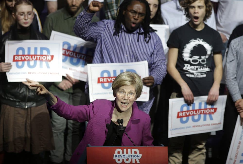 Sen. Elizabeth Warren, D-Mass., speaks during a rally on March 31 in Boston. (Steven Senne/AP)