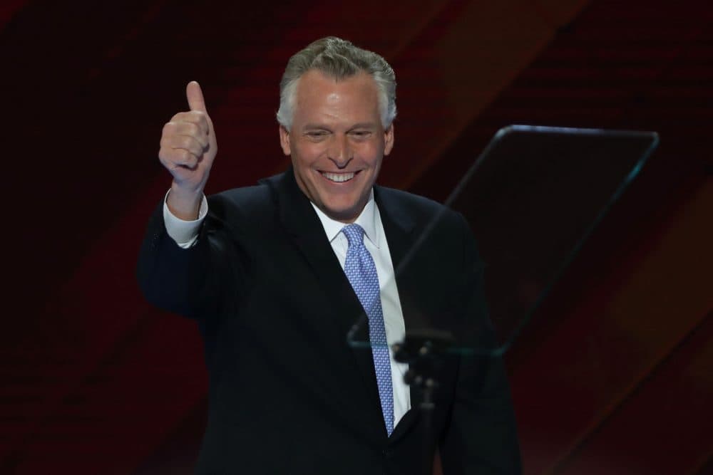 Gov. Terry McAuliffe (D-Va.) gives a thumbs up to the crowd on the second day of the Democratic National Convention at the Wells Fargo Center, July 26, 2016, in Philadelphia. (Alex Wong/Getty Images)