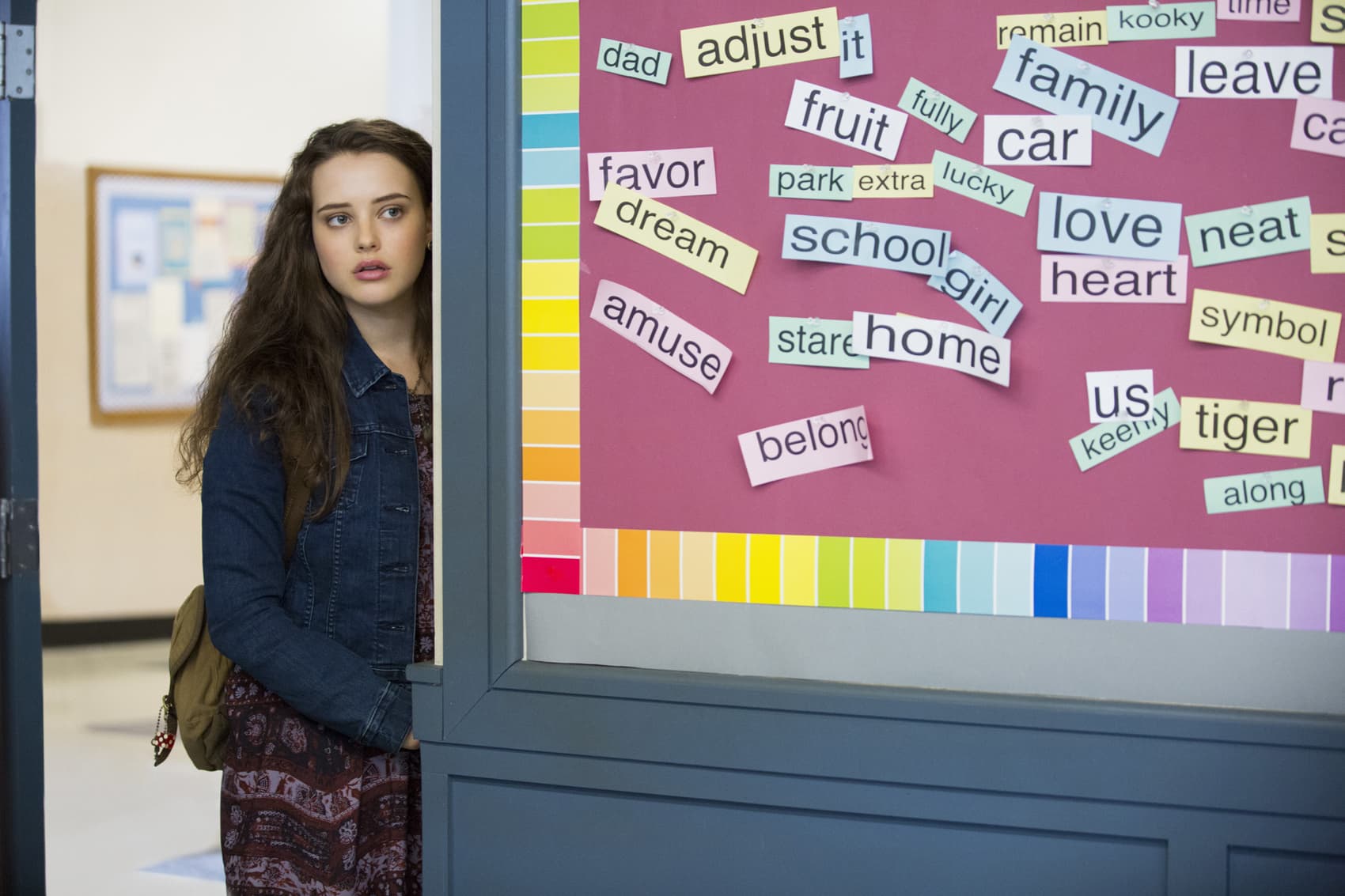 This image released by Netflix shows Katherine Langford in a scene from the series, &quot;13 Reasons Why,&quot; about a teenager who commits suicide. (Beth Dubber/Netflix via AP)
