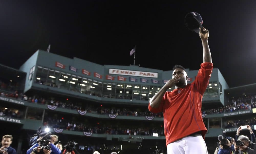 Boston Red Sox designated hitter David Ortiz tips his cap after Game 3 of baseball's American League Division Series on Oct. 10, 2016, in Boston. (Charles Krupa/AP)