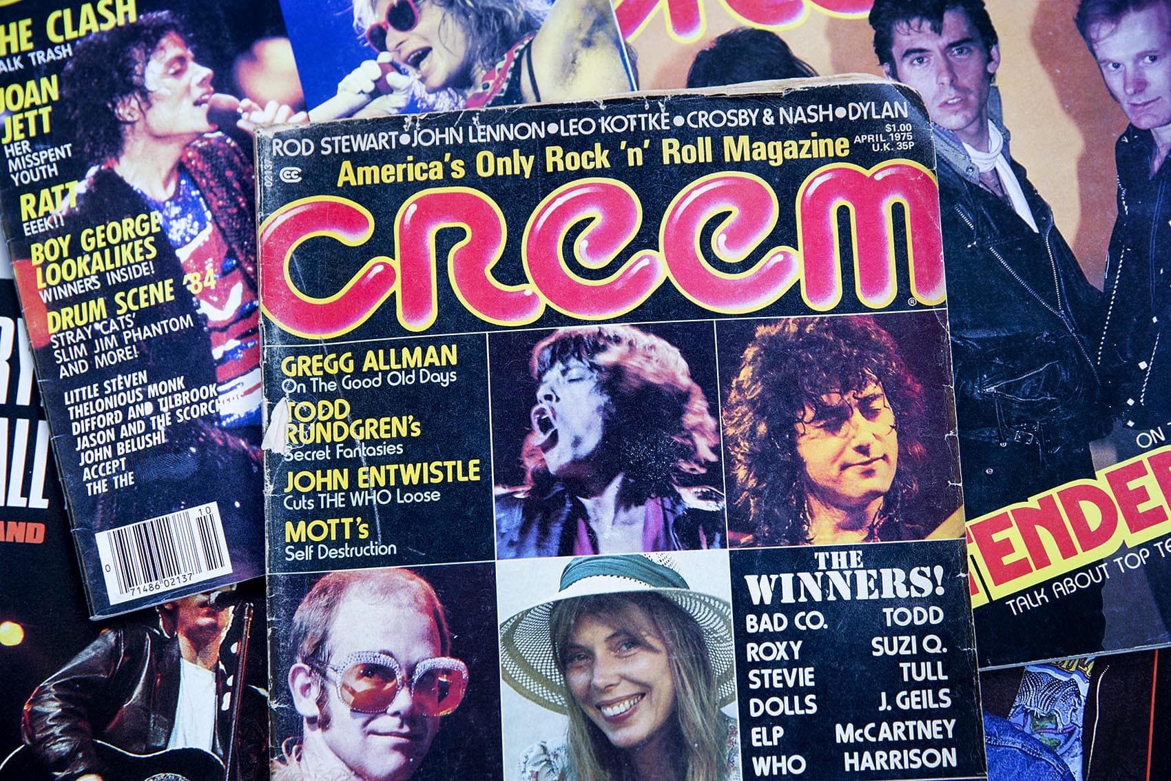 Copies of rock 'n' roll magazine Creem from 1975. (Robin Lubbock/WBUR)