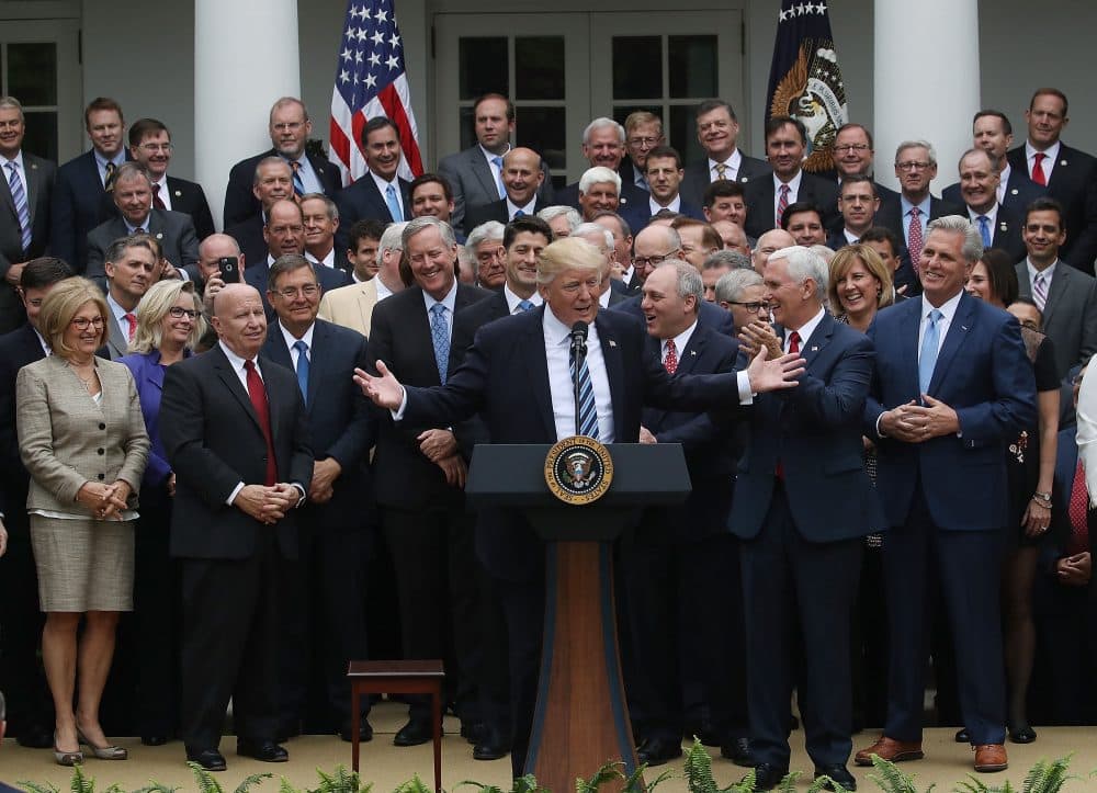 President Trump (center) speaks while flanked by House Republicans after they passed legislation aimed at repealing and replacing the Affordable Care Act, during an event in the Rose Garden at the White House, on May 4, 2017 in Washington, D.C. (Mark Wilson/Getty Images)