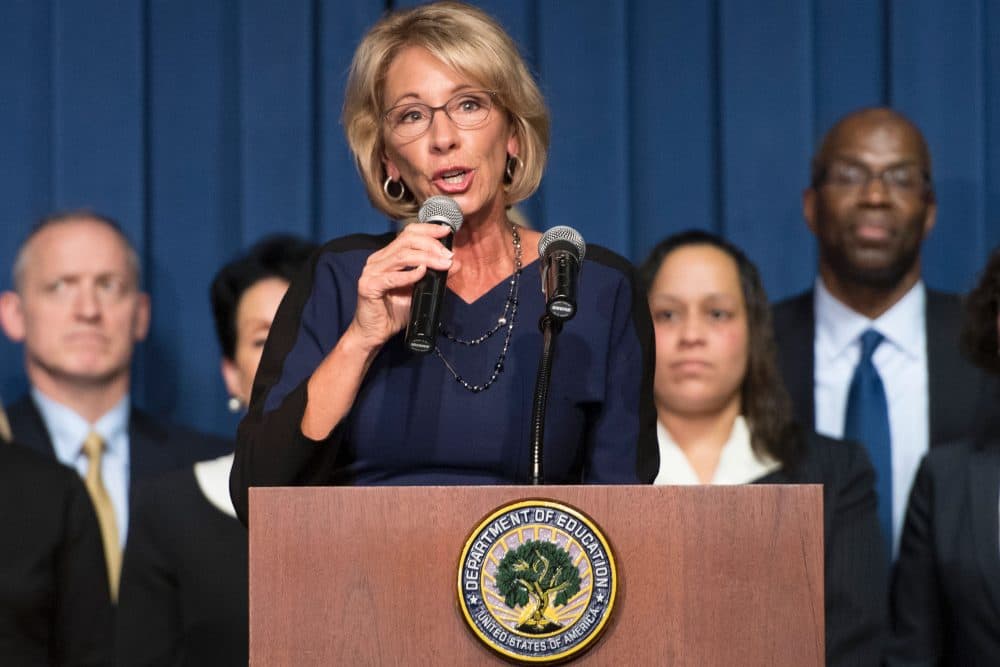 Education Secretary Betsy DeVos delivers remarks to staff on her first day as secretary in Washington, D.C., in February. (Jim Watson/AFP/Getty Images)