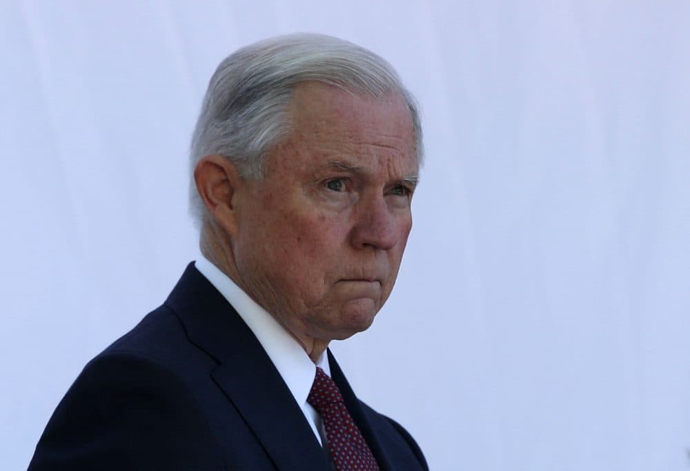 Attorney General Jeff Sessions waits to be introduced during a Bureau of Prisons Correctional Worker's Week Memorial Service at the National Law Enforcement Officers Memorial on May 9, 2017, in Washington, D.C. (Alex Wong/Getty Images)