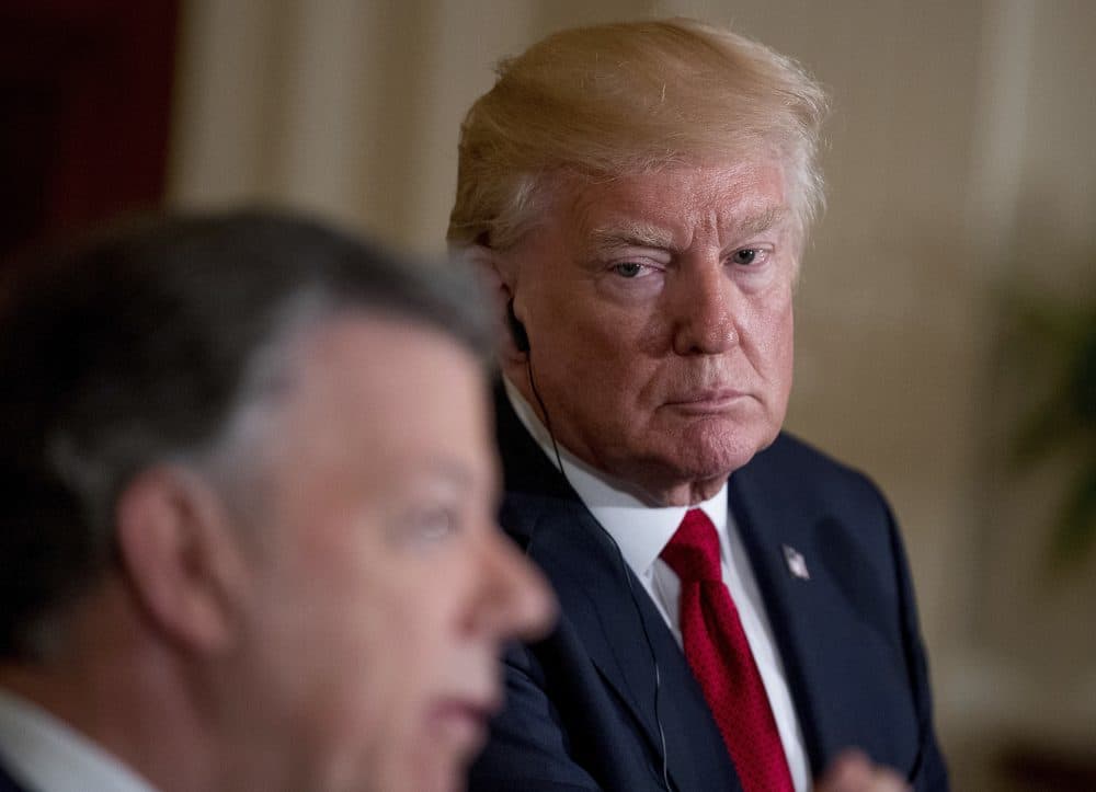 President Trump, right, listens as Colombian President Juan Manuel Santos, left, speaks during a news conference in the East Room of the White House, Thursday, May 18, 2017, in Washington. (Andrew Harnik/AP)